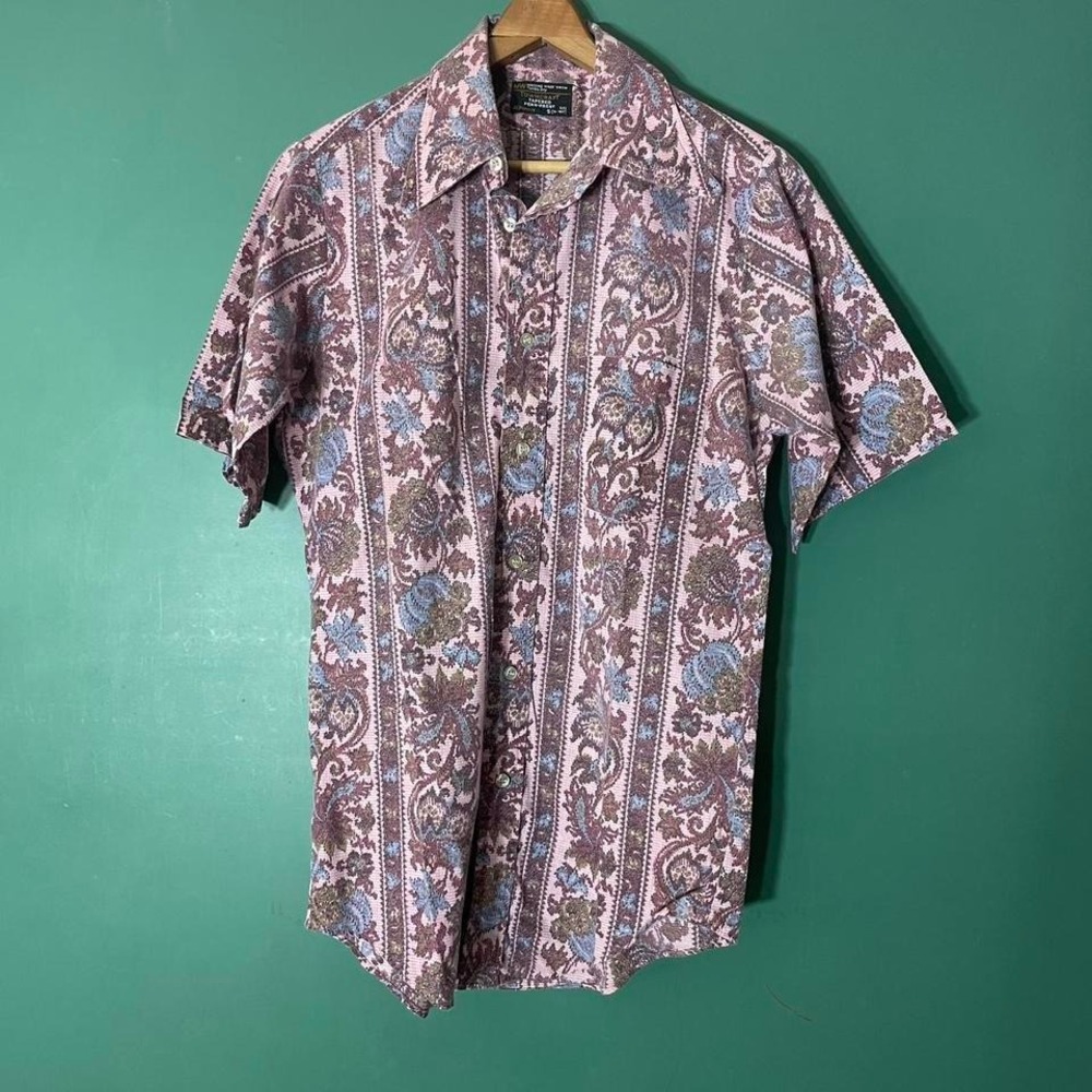 Vintage 1960s paisley button up shirt, pointed daggar collar JCPENNEY Penn Prest